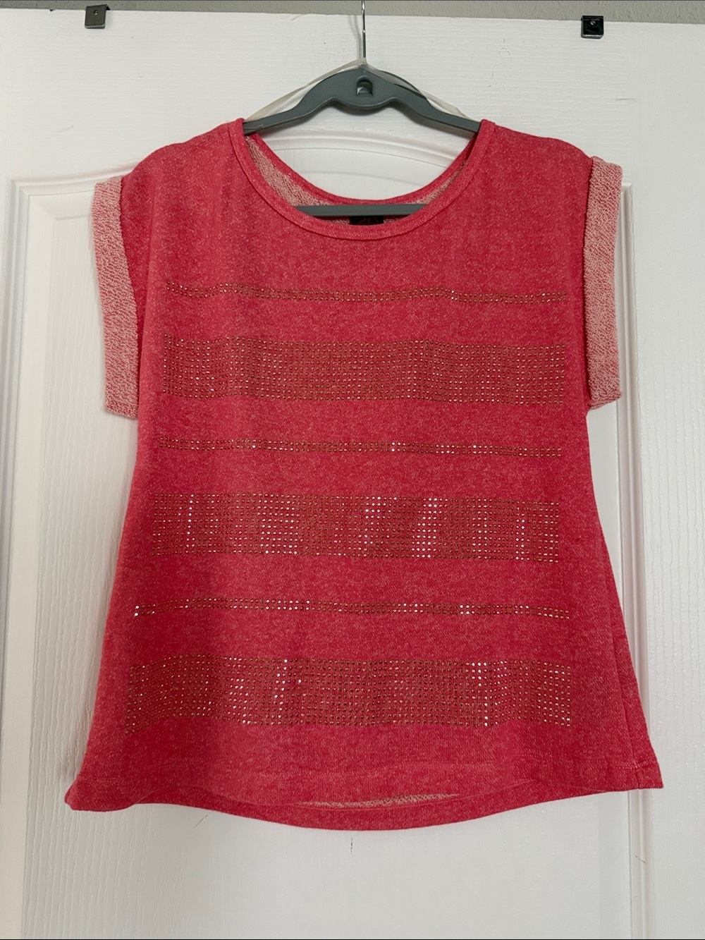 2B Bebe Pink-Red Short Sleeve Knit Top with Metallic Stud Stripes